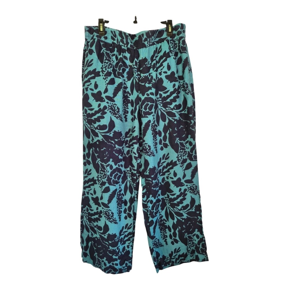 Softโ Surroundings 100% Linen Wide Leg Pants Blue Floral Pull On Large Boho